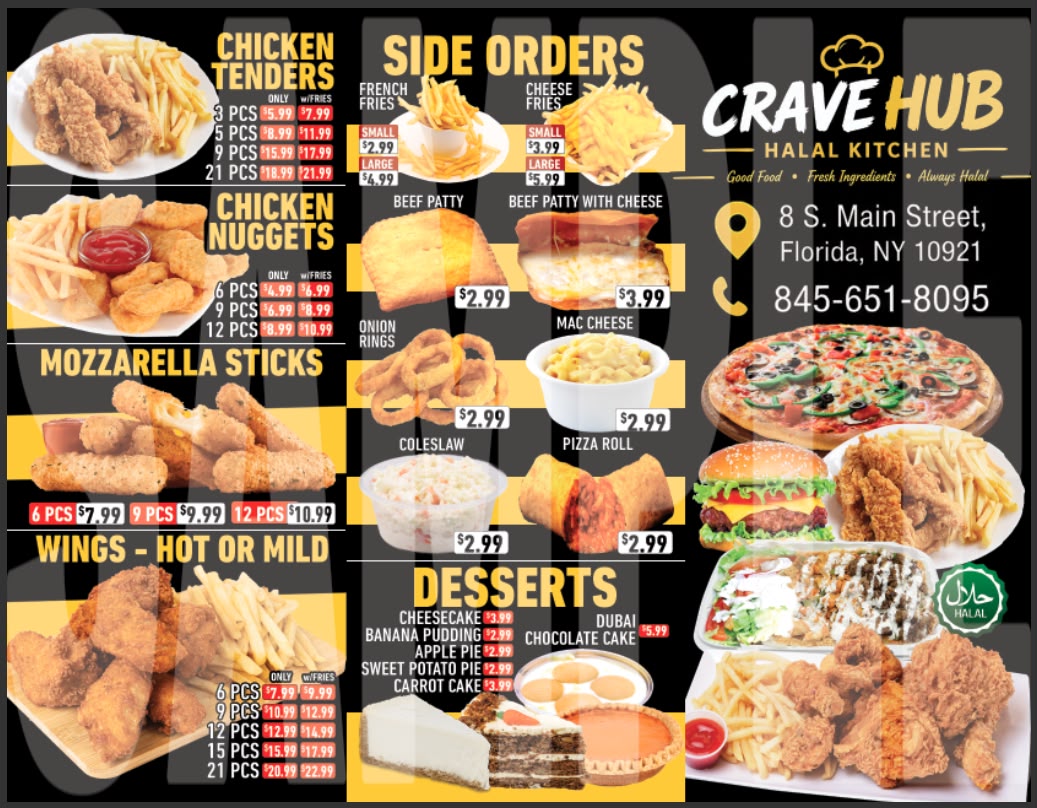 CRAVE HUB menu artwork featuring pizza, burgers, rice and fried chicken
